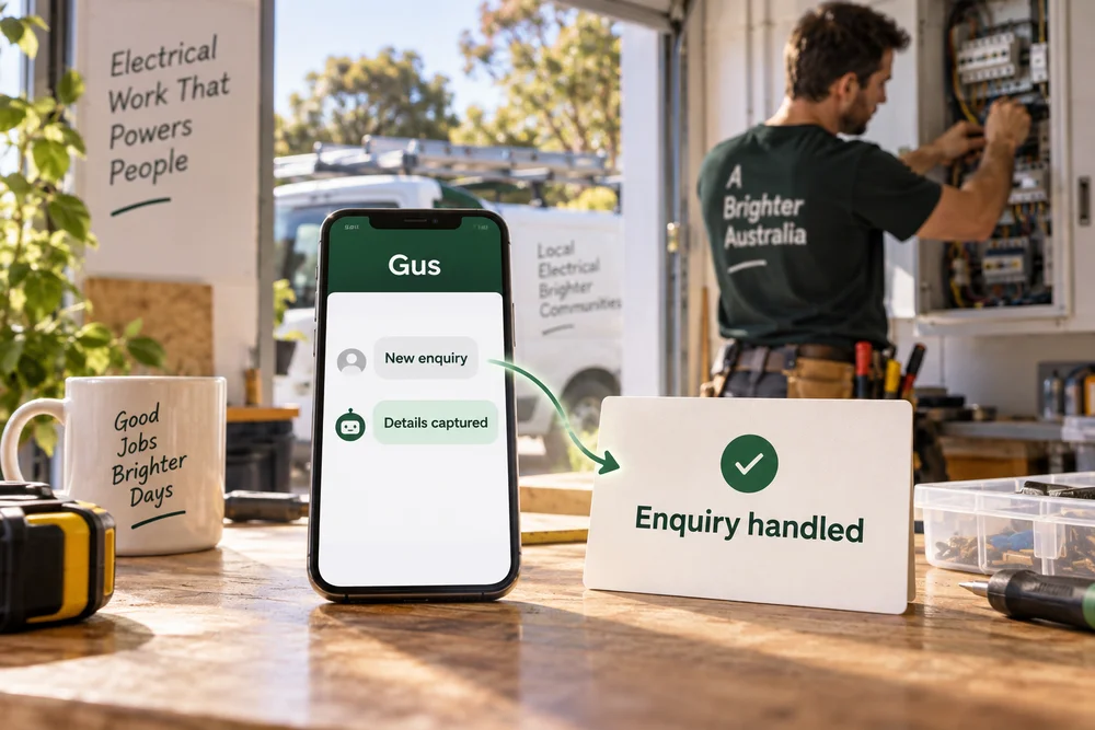 AI illustration: Gus captures a new enquiry while an electrician works